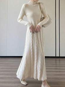 Elegant Women's Minimalist Hong Kong Style Turtleneck Cable Knit Midi Sweater Dress - Apricot - View 3