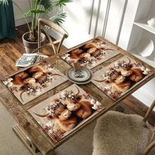 1/4/6pcs Autumn Series Floral Wreath Highland Cow Couple Pattern Printed Placemats, Heat Resistant Table Mats For Home Kitchen/Dining Table Protection, Kitchen Table Party Decor - Multicolor - View 11
