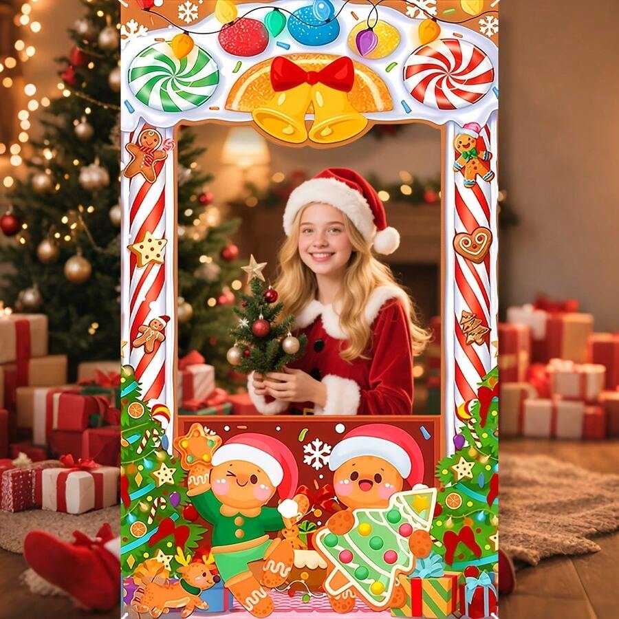 1pc Christmas Gingerbread Man Candy Tree Pattern Cutout Photo Frame, Christmas Party Decoration Prop, Holiday Atmosphere Backdrop, Seasonal Decor, Party Background Cloth - Christmas Nut Gingerbread Man - View 1