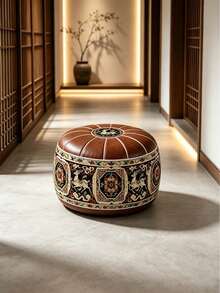 1pc New Leather Storage Bag, Soft Leather Unpadded Storage Stool, Living Room Bedroom Storage Stool, Shoe Changing Storage Sofa, Round Storage Bag, Suitable For Home, Car, Garden, Sunroom, Home Decor, Back To School Season, Room Decoration - Jiurui Chengxiang - Brown - View 6