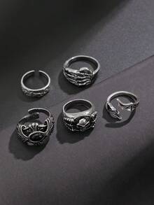 5pcs Gothic Punk Skull Eye Rings, Inlaid Plastic Gemstones, Men's Daily Party Wear, Gift For Family And Friends, Halloween - Antique Silver - View 4
