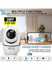 WJG 1pc Wireless WiFi Security Camera, 2.4GHz WiFi Indoor Monitoring, Supports Auto Tracking, Alarm Notification And Full Color Night Vision - White - View 2