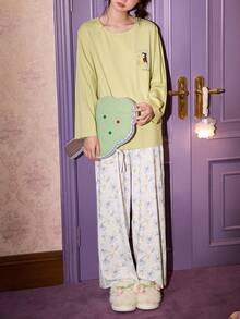 2pcs Women's Pajama Set, Autumn Green Soft Cotton Loungewear With Pockets - Green - View 4