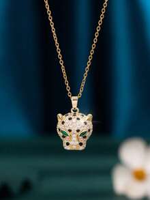 1pc Women's Leopard Head Pendant Necklace, Fashionable Animal Charm Necklace, Sparkling Rhinestone Detail Jewelry For Daily Wear - Multicolor - View 4