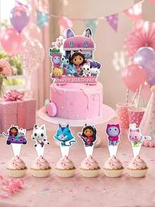 MASSDI Gabby Dollhouse Theme Cupcake Toppers Set, 2 Options 13pcs/25pcs, Cartoon Character Cake Decoration Picks, Complete Dessert Decoration Set, Suitable For Birthday Celebrations, Holiday Parties And Gabby Dollhouse Theme Scene Decor - View 5
