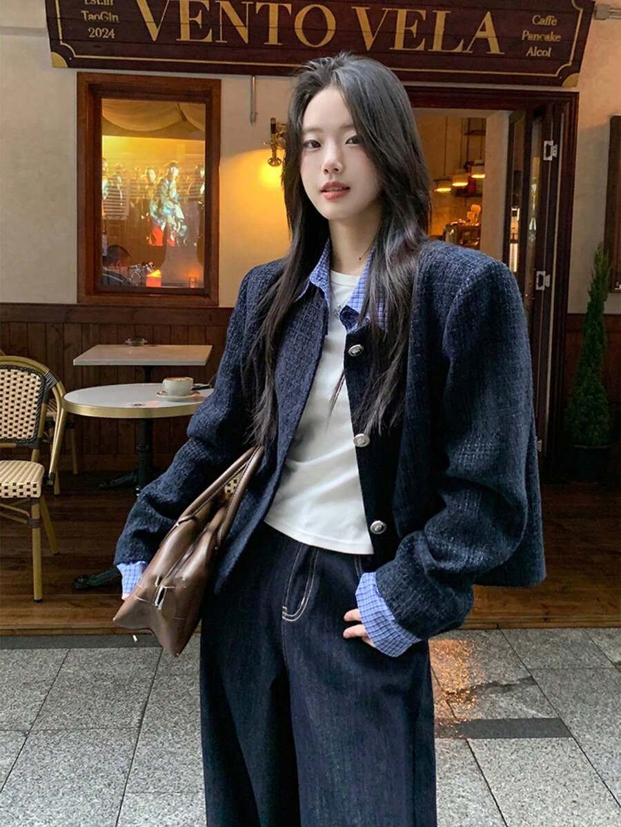 Women's Single-Breasted 2 In 1 Jacket, Slimming Elegant Long Sleeve, Autumn Clothing - Royal Blue - View 1
