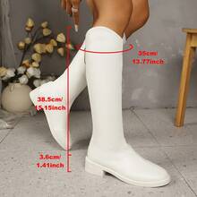 Women's V-Cut Pointed Toe Low Heel White Tall Boots, Back Zipper Riding Boots, Korean Style Elegant Slimming High Boots For Autumn/Winter - White - View 7