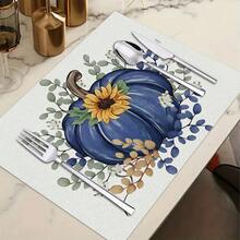1/4/6pcs Autumn Series Navy Blue Large Pumpkin & Eucalyptus Pattern Printed Placemats, Heat-Resistant Table Mats For Home Kitchen, Table Protection, Kitchen Dining Table, Party Decor - Multicolor - View 12