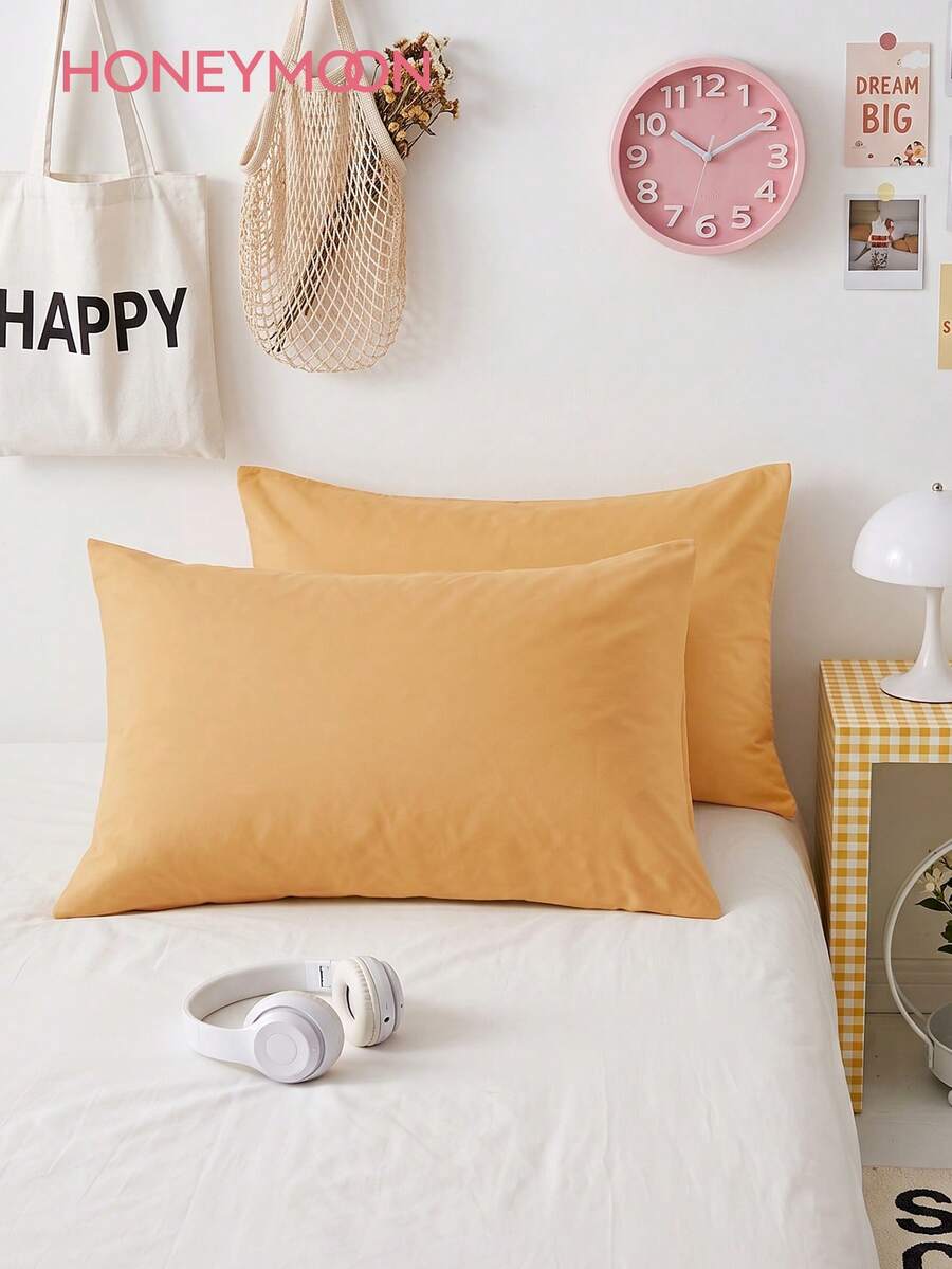HONEY MOON 2pcs Ultra Soft Solid Color Pillowcases, Soft & Breathable, Envelope Closure, Wrinkle-Resistant, No Filling - Suitable For T/F/Q/K Size Home And Dorm, Light Yellow - Buff Yellow - View 1