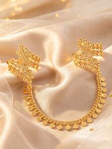 Vintage Hollow Leaf Design Connected Double Finger Women Ring, Dangle Coin Tassel Link Ring. Arabic Wedding Ramadan Party Jewelry For Women - Golden Yellow - View 8