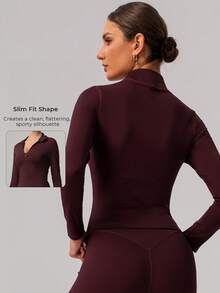 Women's Stand Collar Zipper Round Hem Slim Fit Sports Jacket - Red - View 2
