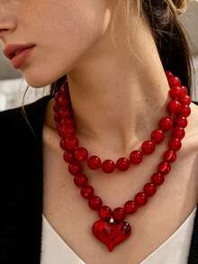 OABE 2pcs/Set Bohemian Style Red Beaded Necklace With Red Heart Pendant, Women's Layered Necklace Set, Suitable For Daily Wear, Holiday/Anniversary Surprise Gift - Red - View 8