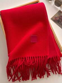 1pc Solid Color Faux Leather Label Tasseled Thick Scarf 65*190cm, Polyester Wool Blend, Fall Winter Shawl For Travel Party Outing, Wear As Scarf Shawl - Multicolor - View 33
