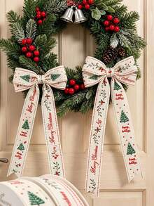 1pc "Merry Christmas" Themed Decorative Ribbon-Featuring Patterns Of Christmas Trees, Red Berries, And Stars; Suitable For Gift Wrapping, Decorating Cakes And Bouquets, Wreath Making, New Year's Parties, Christmas Dinners, And More. - One Size Fits All - View 7