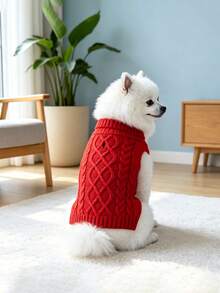 1pc High Elasticity Dog Sweater, Soft Knitted High Neck Pet Winter Clothes, Classic Cable Knit Pullover For Small, Medium And Large Dogs - Red - View 6