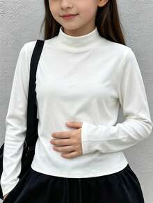 Girls' Solid Color Fitted Long Sleeve Mock Neck T-Shirt, Elastic Soft Basic Layering Top For Daily Wear, Suitable For Teenage Girls - White - View 8