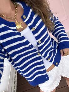 Women's Vintage Striped Cardigan, Casual Daily, Dating & Shopping, Suitable For Spring/Autumn/Winter - Royal Blue - View 3