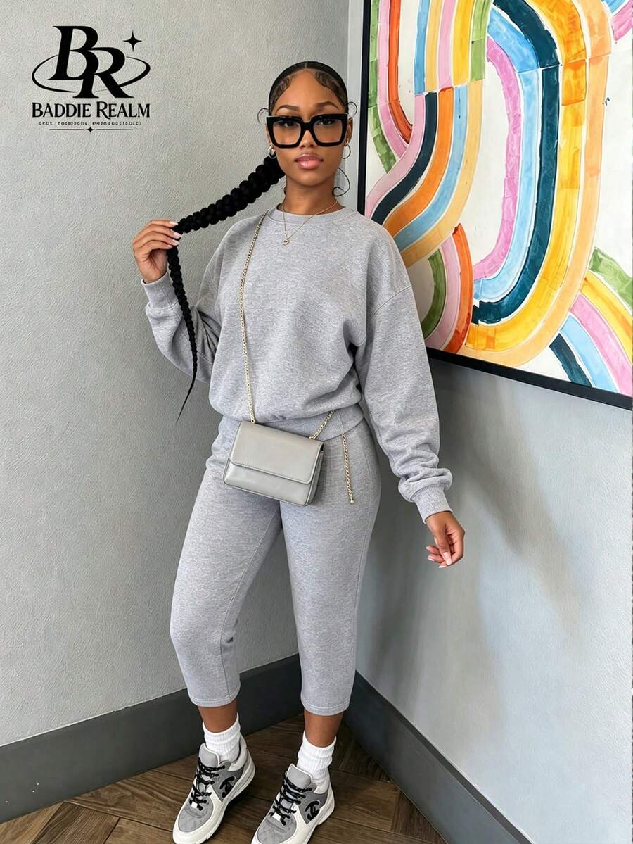 BADDIE REALM Women's Casual Rib-Knit Round Neck Sweatshirt And Cropped Leggings Set, 2 Pieces For Fall And Winter - Grey - View 1