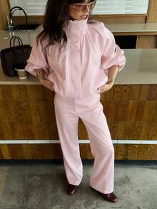 Women's 2 Pieces Set: Fashionable Casual Elegant Commute Daily Versatile Solid Color Jacket Windbreaker Coat And Long Pants Pink Fall - Pink - View 3