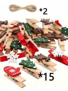 10/15pcs Wooden Christmas Clips Set, For Hanging Photos, Wedding Decor, Party Gifts, Christmas Tree, Gloves, Reindeer And Snowflakes, No Power Needed Multi-Functional Holiday Decoration, Suitable For Easter And Christmas - Multicolor - View 10