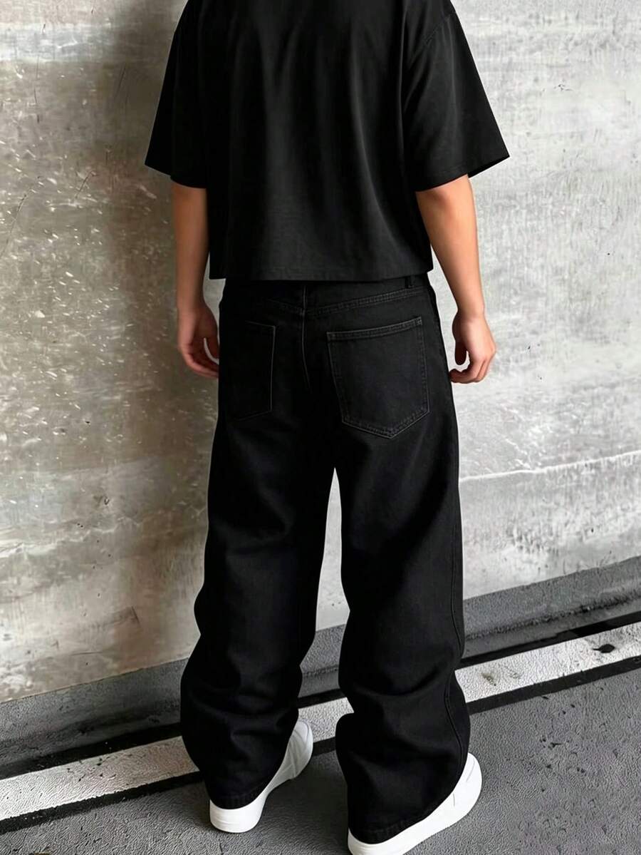 男士鈕扣口袋純色牛仔長褲 - 黑色 - 查看 1