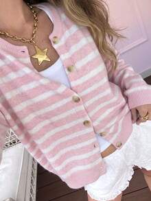 Women's Vintage Striped Cardigan, Casual Daily, Dating And Shopping, Suitable For Spring/Autumn/Winter - Pink - View 4
