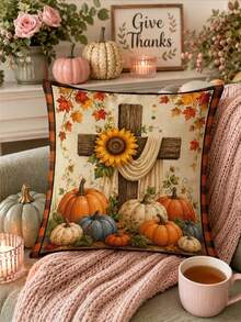 Autumn Thanksgiving Rustic Style Cross Sunflower Pumpkin Maple Leaf Plaid Table Runner Pillow Placemat Kitchen Dining Table Decor - Multicolor - View 8