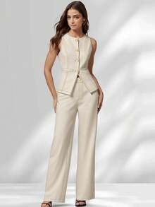 HOMEYEE 2pcs Women Casual Business Suit Set: Round Neck Vest And Pants, Suitable For Work, Travel And Daily Spring Fall - Apricot - View 3