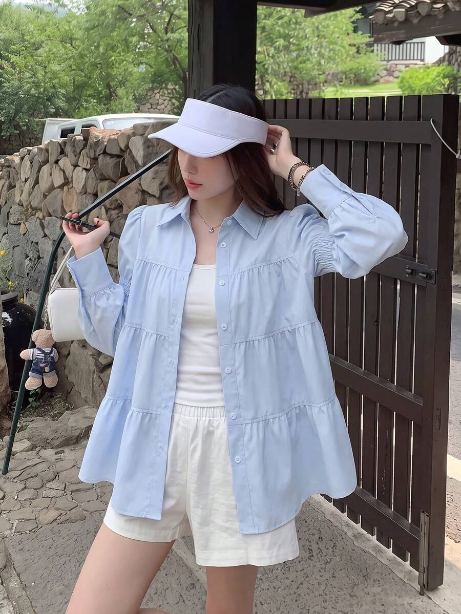 女款休閒條紋鈕扣襯衫,優雅長袖領口上衣,夏季返校穿搭上衣 - 藍色 - 查看 1