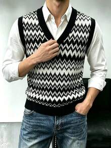 Men's Autumn/Winter Knitted Vest, Casual Business Commute Versatile - Black - View 1