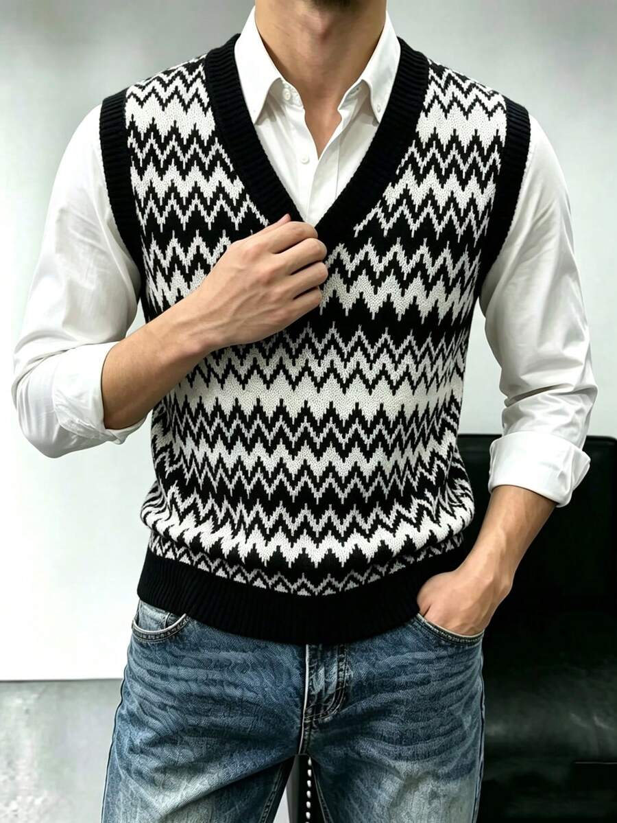 Men's Autumn/Winter Knitted Vest, Casual Business Commute Versatile - Black - View 1