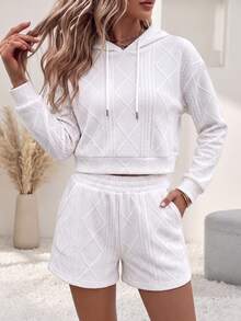 Women's Knit Loungewear Set, Hooded Long Sleeve Top + Shorts, Casual 2 Pieces Home Set - White - View 1