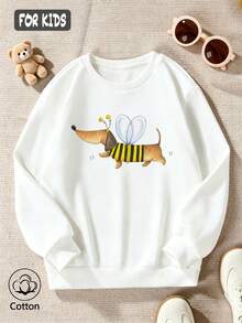 Cotton Girls Crewneck Pullover Sweatshirt, Autumn Winter Loose Fit, Cartoon Bee Dog Print , Cute Sweet Girly Preppy Style - White - View 1
