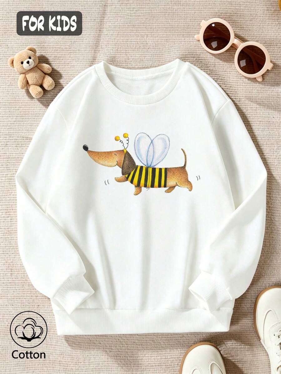 Cotton Girls Crewneck Pullover Sweatshirt, Autumn Winter Loose Fit, Cartoon Bee Dog Print , Cute Sweet Girly Preppy Style - White - View 1