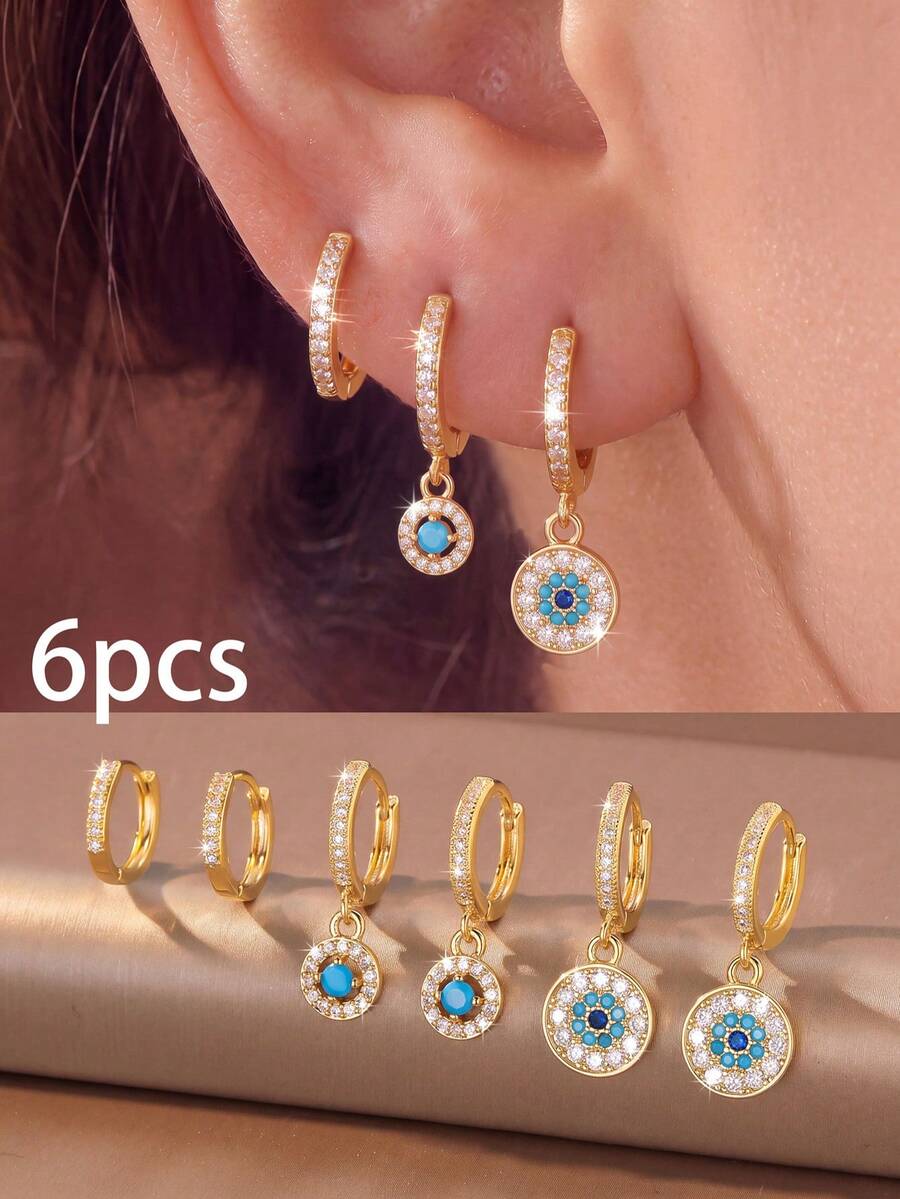 6pcs Fashion Round Colorful Zirconia Stud Earrings, Evil Eye Exquisite Ear Jewelry, Suitable For Autumn Outfit And Daily Wear, Beautiful Jewelry Gift - Evil Eye - View 1