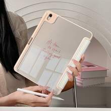 1pc Light Blue & Yellow Striped "It's Time To Start Feeling Good Again" Handwritten Text High Transparency Acrylic Back Protective Case, With Pen Slot, Multi-Angle Magnetic Stand, Supports Auto Sleep/Wake, Tablet Protective Case, Compatible With IPad PRO/AIR, Pad 5/6/7, MatePad - Multicolor - View 5