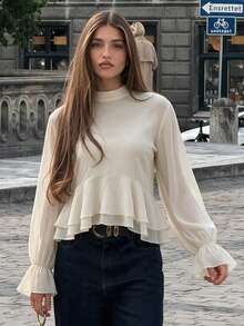 Stand Collar Flared Sleeve Ruffle Hem Crop Top, Elegant Solid Color Layered Ruffle Short Blouse - Apricot - View 2