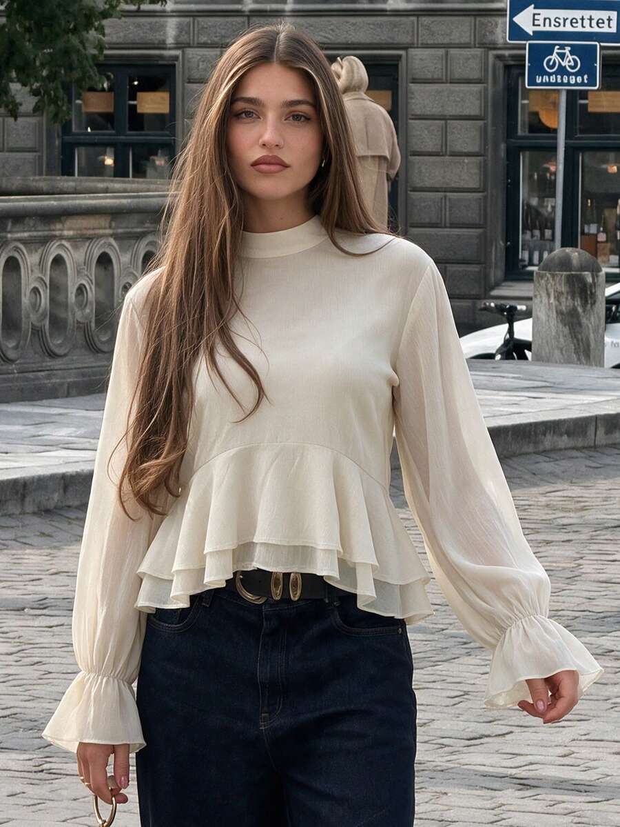 Stand Collar Flared Sleeve Ruffle Hem Crop Top, Elegant Solid Color Layered Ruffle Short Blouse - Apricot - View 1