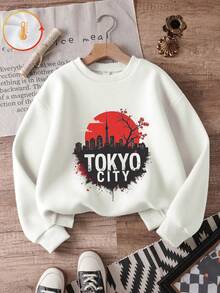 Kids Crew Neck Sweatshirt,Tokyo City Skyline Cherry Blossom Graphic Print Cotton Pullover For Kids - White - View 4