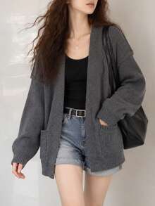 Women's Autumn/Winter Casual Minimalist 2 In 1 Lapel Cardigan Knit Sweater - Dark Grey - View 1