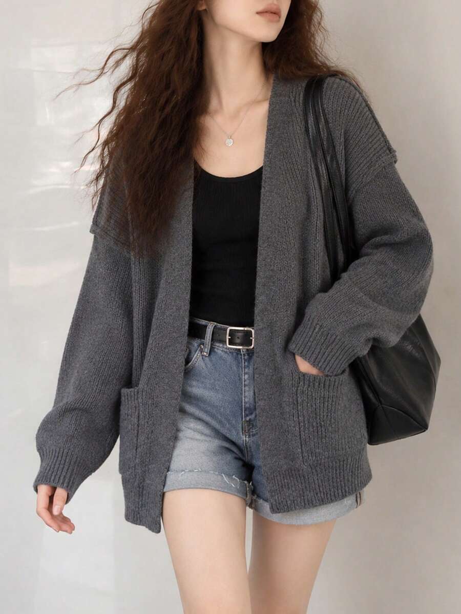 Women's Autumn/Winter Casual Minimalist 2 In 1 Lapel Cardigan Knit Sweater - Dark Grey - View 1