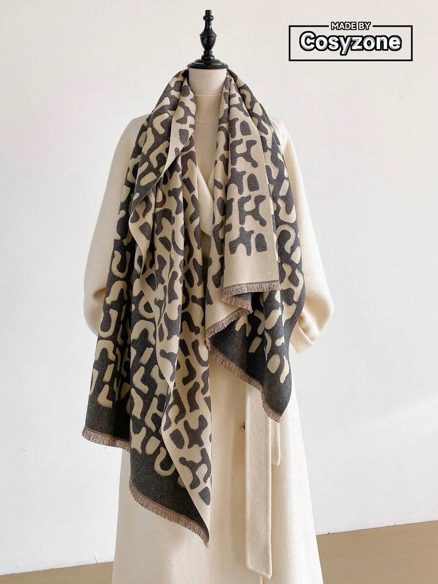 1pc Faux Cashmere Vintage Leopard Print Jacquard Warm Scarf For Women, Air Conditioning Room Blanket, Autumn/Winter Outdoor Travel Cold Protection Neck Warmer Decorative Scarf Shawl Dual Use, Suitable For Daily Matching, First Choice For Gift Giving - Grey - View 1