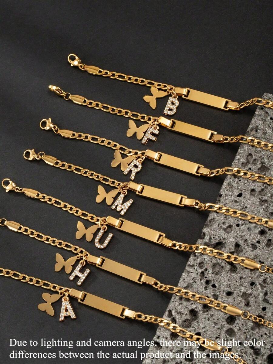 1pc Personalized Letter & Butterfly Pendant Adjustable Stainless Steel Chain Bracelet, Letter A To Z Wrist Chain For Teens - Gold - View 1