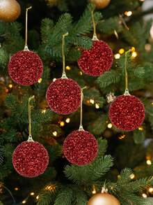 12PCS/6PCS Christmas Red & Gold Glitter Shiny Christmas Ball Hanging Ornaments, Christmas Tree Decor, Holiday Home Party Garland Accessories - Multicolor - View 3