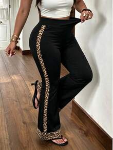 Plus Size Women's High Waist Leopard Print Patchwork Flare Pants - Black - View 4