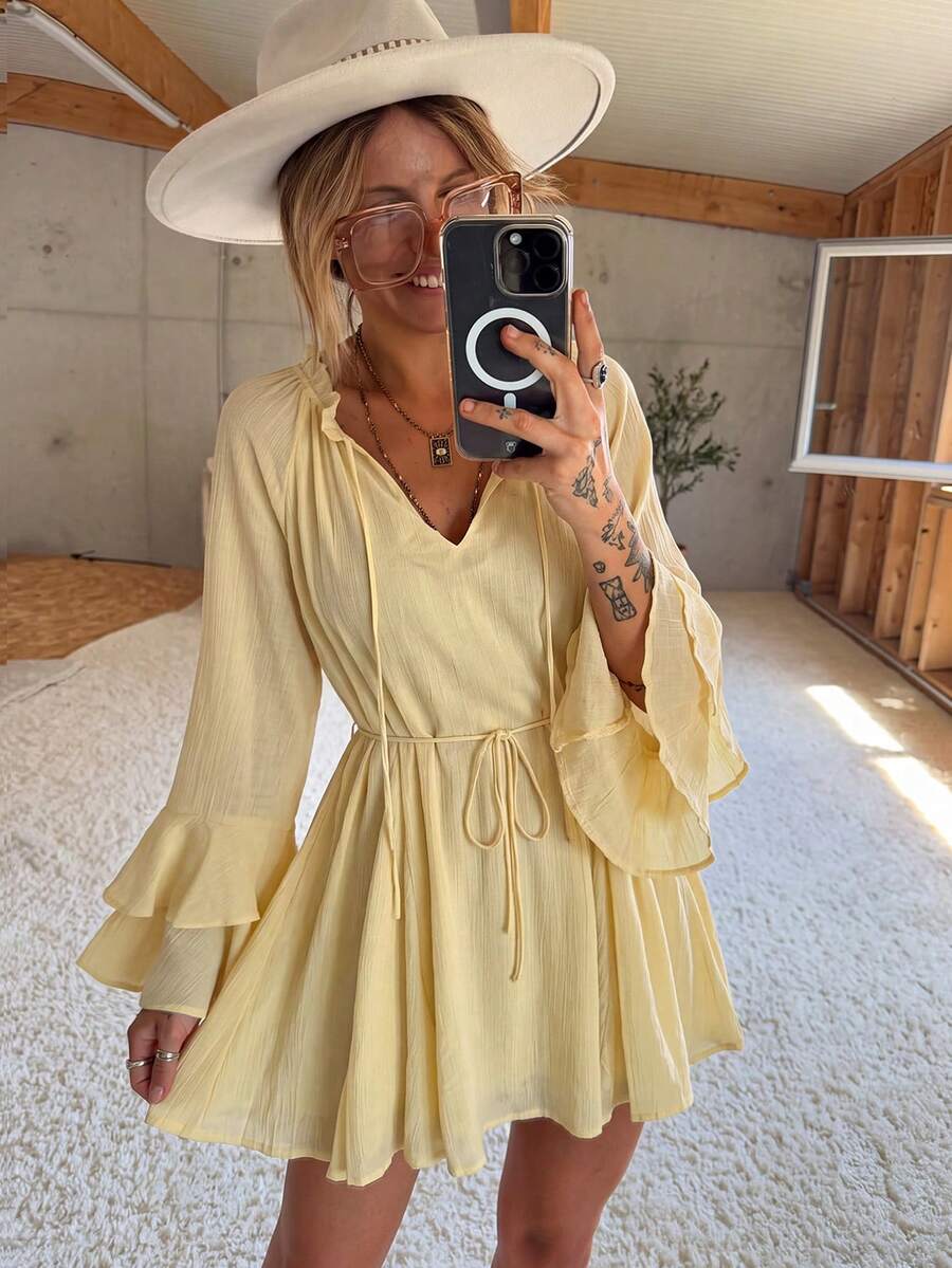 Women's Solid Color Frill Trim Flare Sleeve Fashion Casual Dress - Light Yellow - View 1