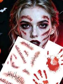 2/3 Sheets Halloween Scary And Slaps Face Tattoos, Temporary Tattoos For Costume Makeup Fake Tattoo Stickers For Scary Looks, Fun Halloween Accessories For Women And Adults - Multicolor - View 7