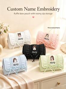Custom Personalized Makeup Bag With Sweet Ruffles And Bow – Large-Capacity Zippered Organizer, Portable Toiletry Bag For Daily Use And Travel - Multicolor - View 2