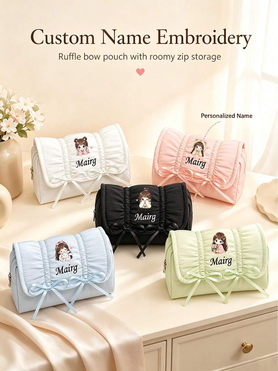 Custom Personalized Makeup Bag With Sweet Ruffles And Bow – Large-Capacity Zippered Organizer, Portable Toiletry Bag For Daily Use And Travel