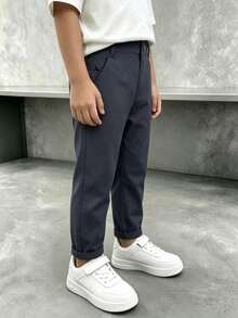 男童春秋刺繡Logo咖啡棕純棉休閒長褲 - 灰色 - 查看 11